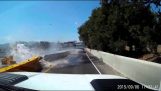 Guy crashes trying to pass truck and trailer too late!