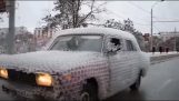A car covered with plastic cups