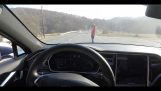 He tests the emergency braking of his Tesla with his wife