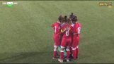 The hijab of a female football player gets loose