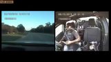 A policeman texting while driving is hit by a car out of nowhere