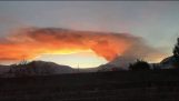 Mexico sunset with explosion of Popocatepetl volcano