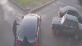 Garage owner hits thieves with a car