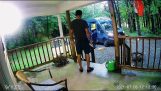 Amazon delivery guy and customer play catch