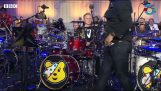 The BBC news theme played by 50 drummers for a good cause during their “drumathon”