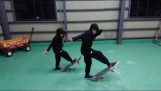 Two synchronous girls on skateboards