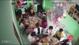 The floor collapses during a birthday party
