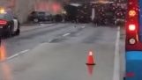 Truck falls on another crash
