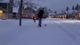 深い雪の中の小型犬
