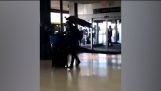 Mujer trata de abordar el vuelo con un pavo real como un animal comodidad
