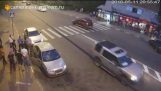 A Russian breaks a car after being shot