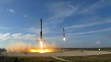De lancering van de Falcon Heavy raket en de landing twee promoters