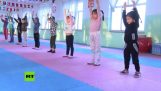 चीनी मार्शल आर्ट स्कूल में बच्चों की तीव्र वर्कआउट