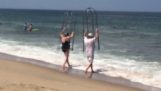 Ένα ζευγάρι με ατομικά κλουβιά εναντίον των καρχαριών, μπαίνει για μπάνιο