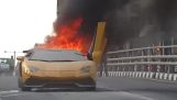 A Lamborghini revving up and catches fire
