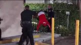 傍観者: 男はフェンスに引っかかっている彼は警察に降伏、彼のジーンズを取得します。