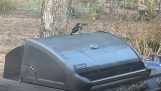 A woodpecker stores its food on a grill