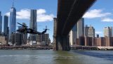 Les hélicoptères volent sous le pont de Brooklyn