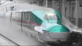 बर्फ से ढकी रेल पर शिंकानसेन की ट्रेनें