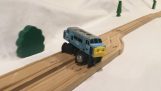 A toy train does stunts