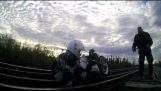 Motorcycle Falls Through Railroad Track!