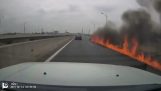 Car leaves behind a trace of fire