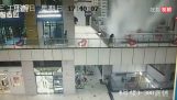 The roof of a shopping mall collapses by rain