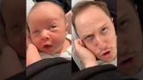 Татко имитира изразите на новородено бебе