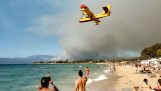 aviões Canadair de combate a incêndios encher-se de água da praia de Chalkida