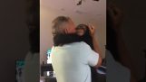 The reunion of a small chimpanzee with people who cared