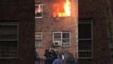 Gato pula de um prédio em chamas