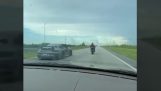 Motocycliste contre Prosche dans une course de vitesse