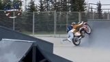 A motorcycle takes off