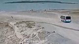 Bus out of control falls into lake